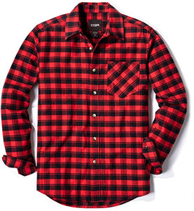 CQR Men's All Cotton Flannel Shirt, Long Sleeve Casual Button Up Plaid Shirt, Brushed Soft Outdoor Shirts, Plaid Flannel(hof001) - Red Buffalo, X-Large