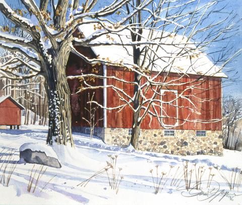 Red Barn In Winter Poster